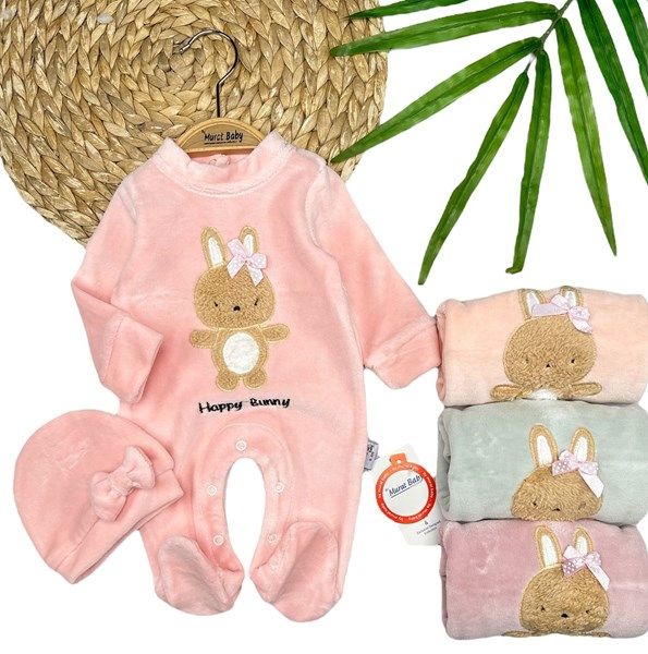 HAPPY BUNNY YAZILI ŞAPKALI KADİFE TULUM 