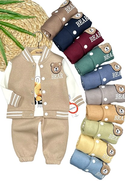 BEAR AYI İŞLEMELİ ŞARDONLU 3'LÜ TAKIM 