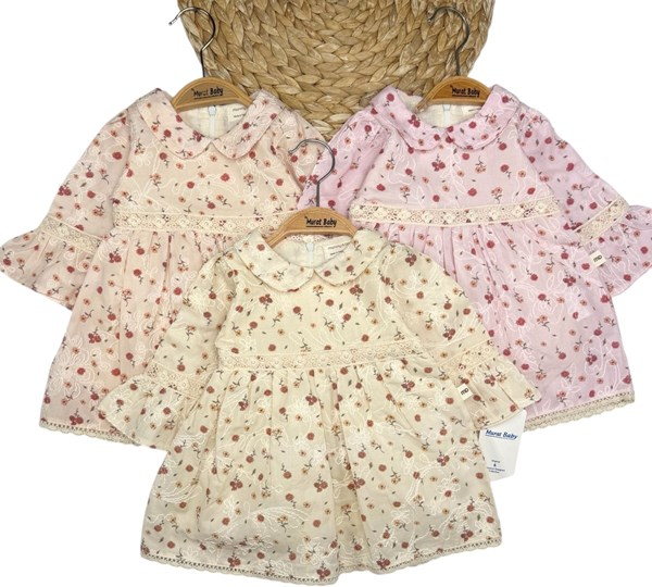 MİNİK ÇİÇEK BASKILI ETEK UCU GÜPÜRLÜ ELBİSE