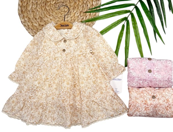 ÇİÇEK BASKILI ETEK YAKA UCU GÜPÜRLÜ ELBİSE