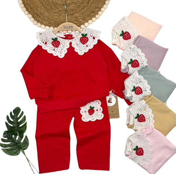 ÇİLEK DESEN DANTEL YAKA 2'Lİ TAKIM 