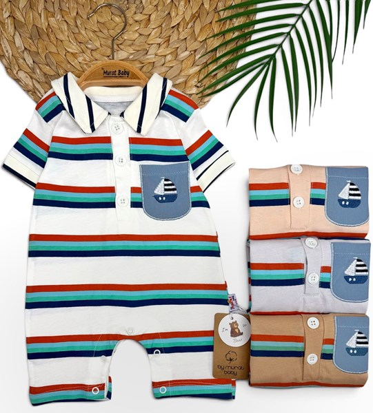 GEMİ İŞLEMELİ ÇİZGİLİ KISA KOL TULUM